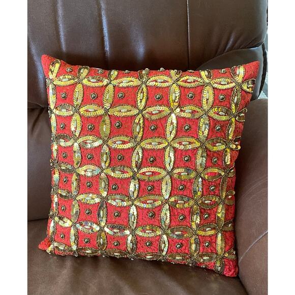 Embellished Accent Throw Pillow Red With Gold Sequins and Silver Accents 14 x 15 - Picture 5 of 7